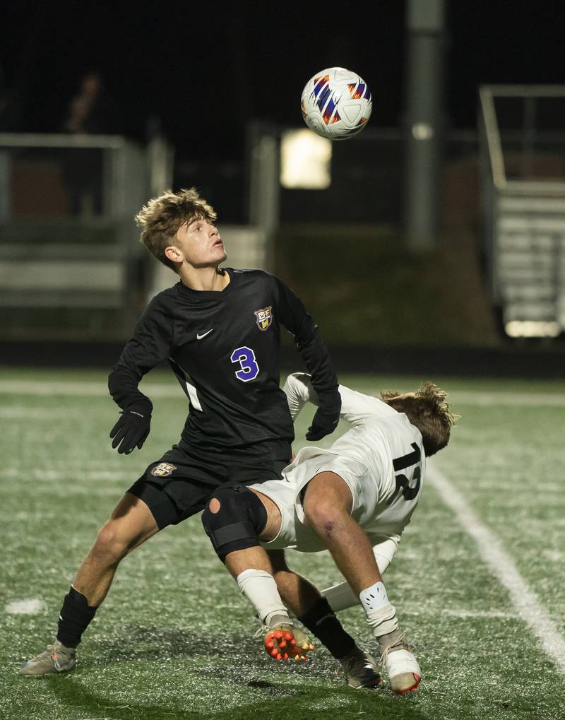 Wauconda's Aiden Werner, left, battles for the ball with Prairie Ridge's Kirk Samuel during the Class 2A Boys Soccer Sectional final on Friday, November 1, 2024 at Grayslake Central High School. Ryan Rayburn for Shaw Local