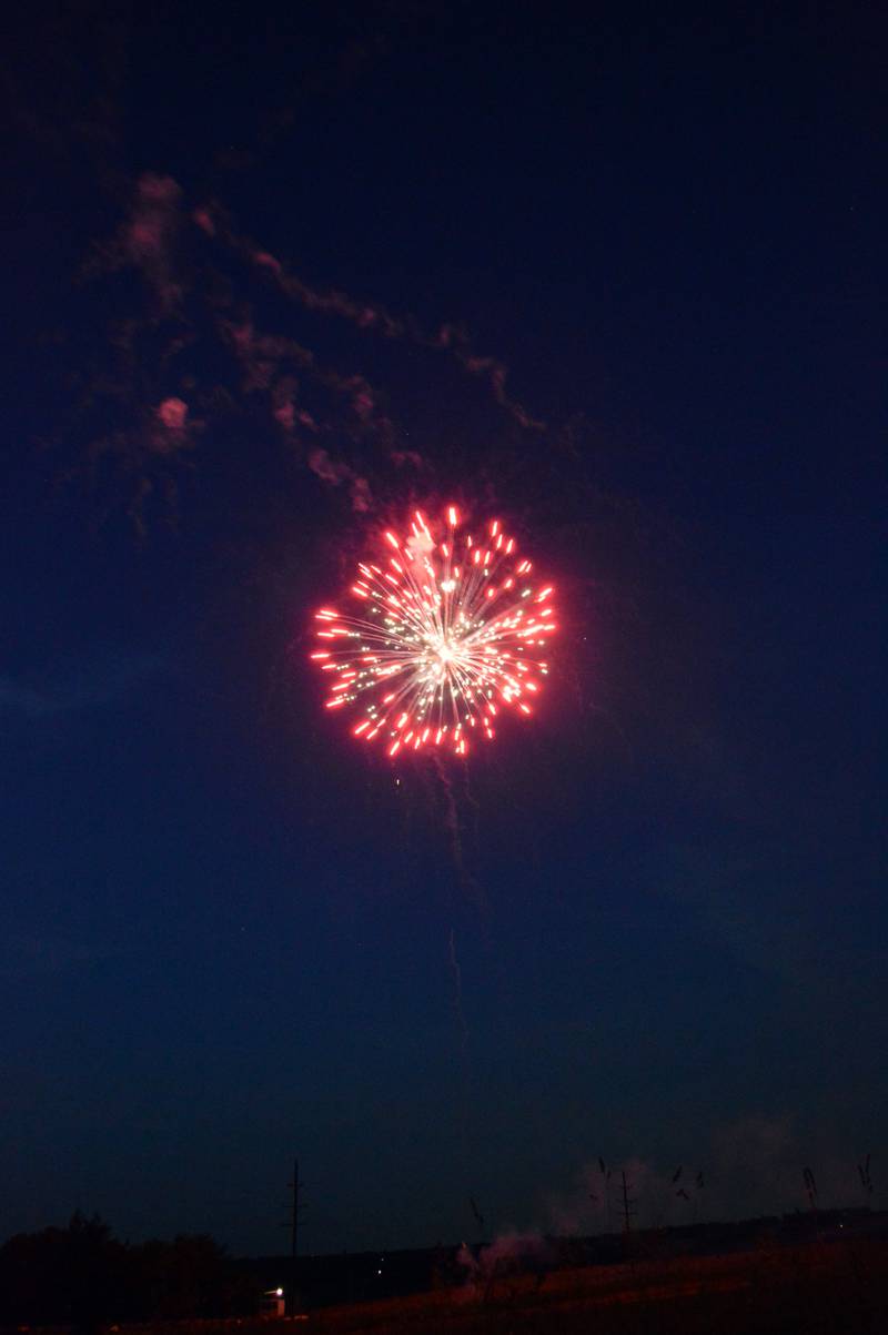 Fireworks explode over the Bertolet Memorial Library on June 2, 2023, at the end of the first day of Leaf River Summer Daze. The three-day event took place June 2-4, with most activities held at the library and River Valley Complex.