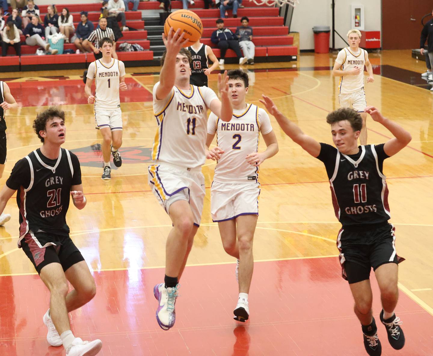 Mendota's Aden Tillman scores on a layup against Illinois Valley Central during the Colmone Classic on Friday, Dec. 12, 2025 at Hall High School.