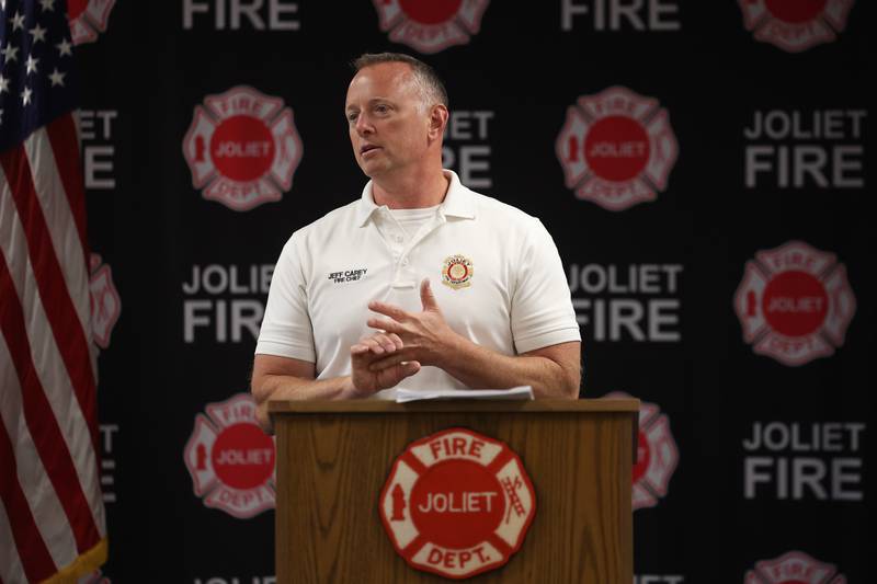Fire Chief Jeff Carey speaks at the Crisis First Aid refresher course for the Joliet Fire Department Station One crew on Wednesday, July 12th, 2023 in Joliet.