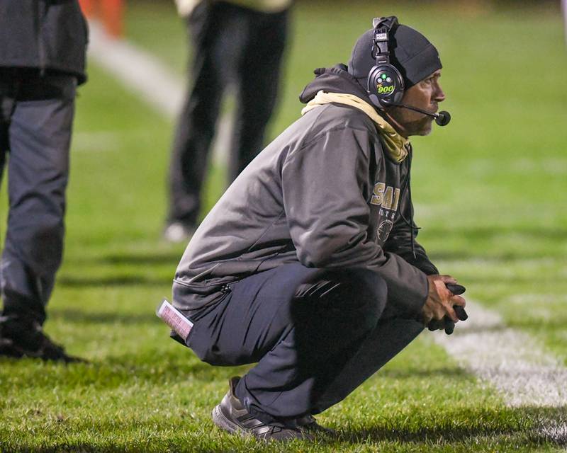 Sycamore head coach Ryan Joe looks on during the second quarter on Friday Oct. 27, 2023 as Sycamore takes on Evergreen Park during the first week of play offs held at Sycamore High School.