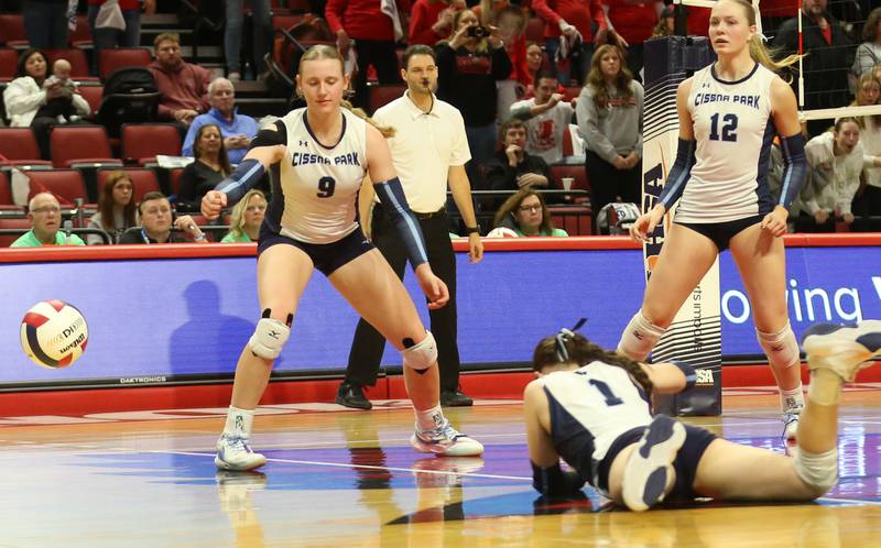 Cissna Park's Ella Schluter misses a return from Calhoun to end the second match during the Class 1A State semifinal game on Friday, Nov. 15, 2024 at CEFCU Arena in Normal.