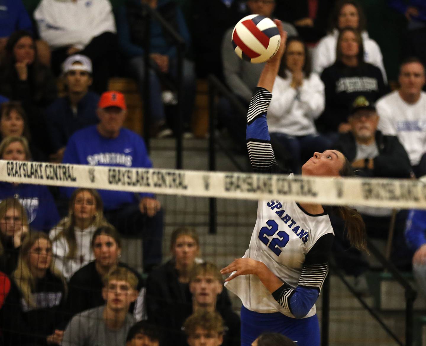 St. Francis' Addy Horner spikes the ball during the IHSA Class 3A Grayslake Central Supersectional volleyball match against Prairie Ridge on Monday, Nov. 11, 2024, at Grayslake Central High School.