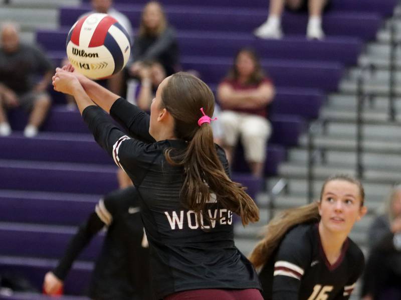 Prairie Ridge’s Addi Smith passes the ball in varsity girls volleyball at Hampshire High School in Hampshire on Tuesday, Sept. 2, 2025.