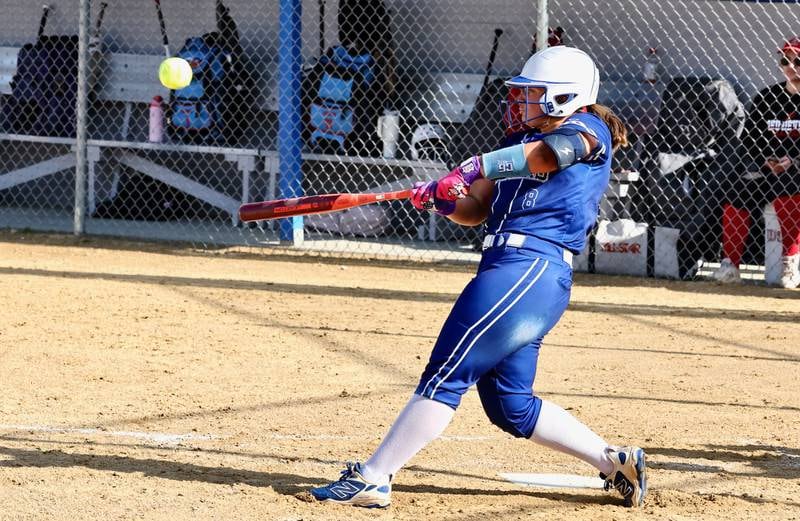 Princeton's Avah Oertel hits the ball during the Tigresses' 15-0, four-inning victory on Thursday, May 7, 2026 in Princeton.