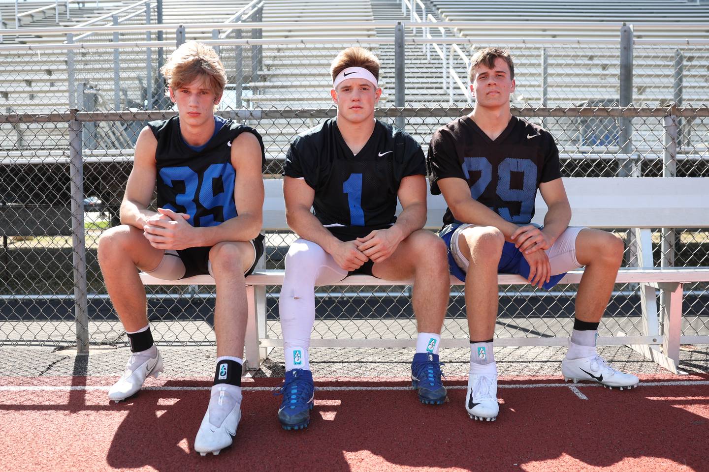 Lincoln-Way East’s Jake Scianna, 1, will command the defense with the talents of defensive lineman Caden O’Rourke, 39, and defensive back DJ Ritter, 29. Tuesday, Aug. 9, 2022, in Frankfort.