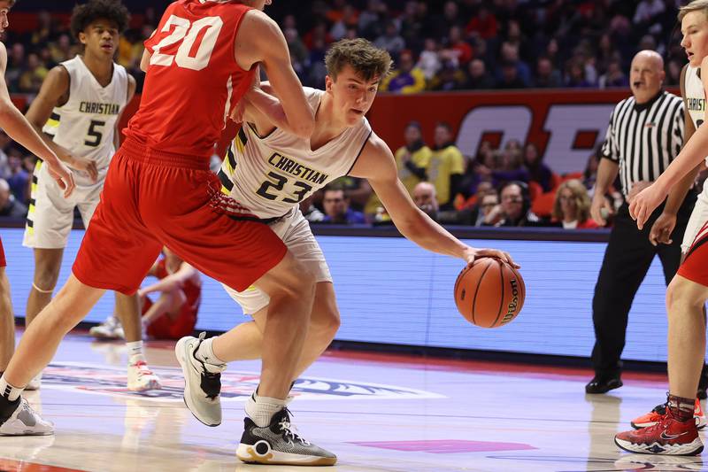 Yorkville Christian’s Brayden Long drives to the basket against Liberty in the Class 1A championship game at State Farm Center in Champaign. Friday, Mar. 11, 2022, in Champaign.