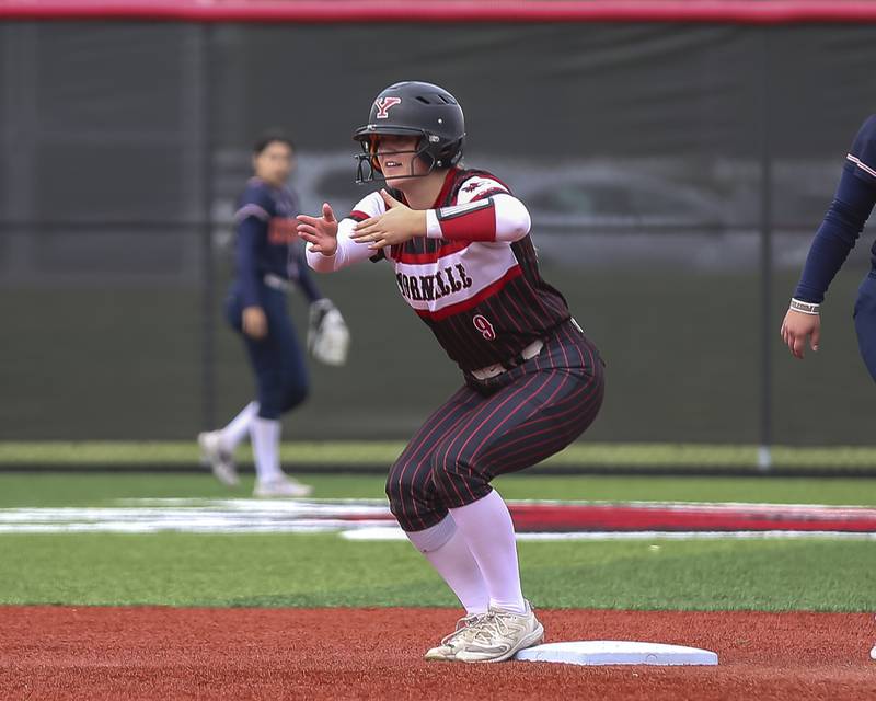 Yorkville's Callie Ferko (9) reacts at second after knocking in a run with a double during softball game between Oswego at Yorkville. May 5, 2026 in Yorkville.