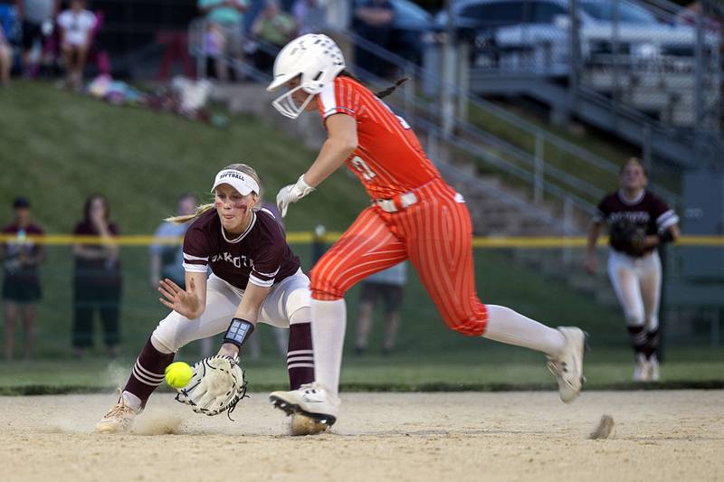 Dakota’s Finley Banks fields the final out at shortstop against Milledgeville Tuesday, May 26, 2026, at the Eastland Class 1A softball sectional quarterfinal.
