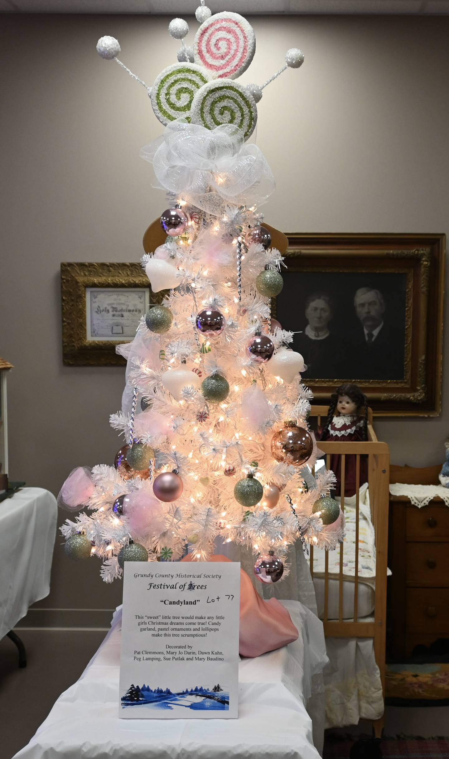 This 'Candyland' tree was decorated by: Pat Clemmons, Mary Jo Darin, Dawn Kuhn, Peg Lamping, Sue Putlak, & Mary Baudinoto