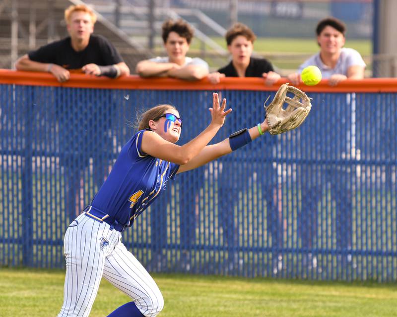 Wheaton North's Makayla Grantz (4) tries to make a catch during the sectional semifinal game on Thursday June 5, 2025, while taking on Weaton Warrenville South held at Oswego High School.