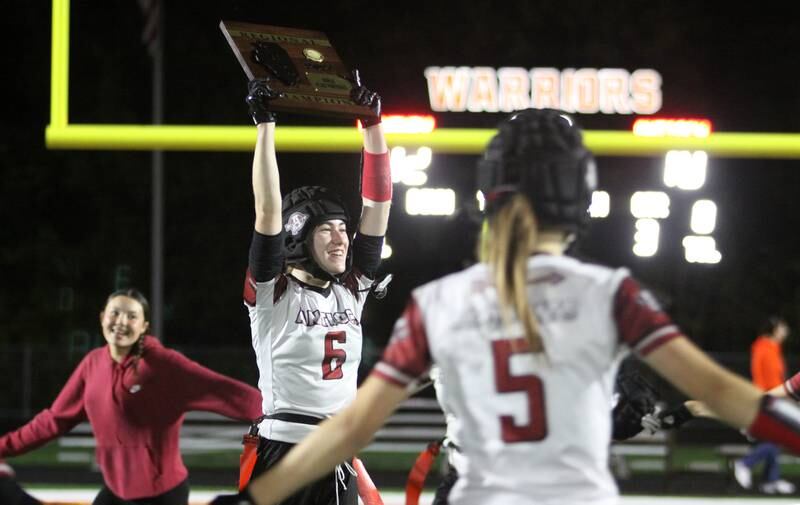 Antioch’s Abbigail Fuesling celebrates a win against McHenry in IHSA Regional Title Game action flag football at McHenry High School in McHenry on Thursday, Oct. 10, 2024.