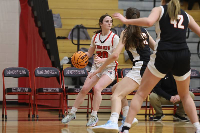 Lincoln-Way Central’s Aubrey Birmingham looks for a play against Lincoln-Way West on Tuesday, Jan 28, 2025 in New Lenox.