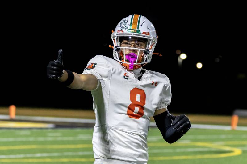 Plainfield East's Trevor Manuel gives the ref a thumbs up during a varsity football game against Joliet West at Joliet West on Oct. 10, 2025.