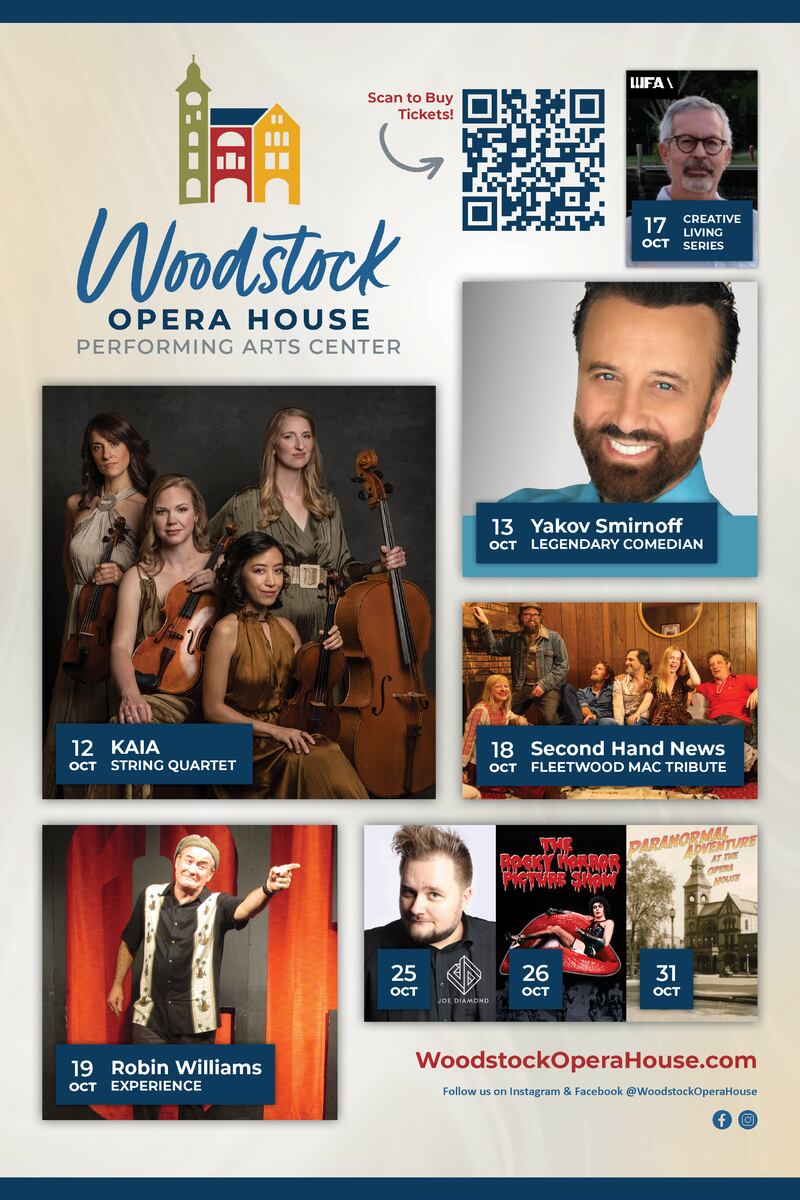 Woodstock Opera House has announced its first month of shows following the completion of its renovation project, featuring a mix of entertainment that includes Joe Diamond, Yakov Smirnoff, Halloween adventures and more.