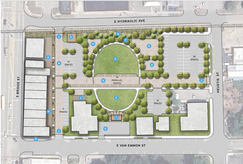 The Lakota Group’s plans for Yorkville's Hydraulic District involve evolving the current parking area into a green space, designed to enable both adequate parking and gathering for community and social events.