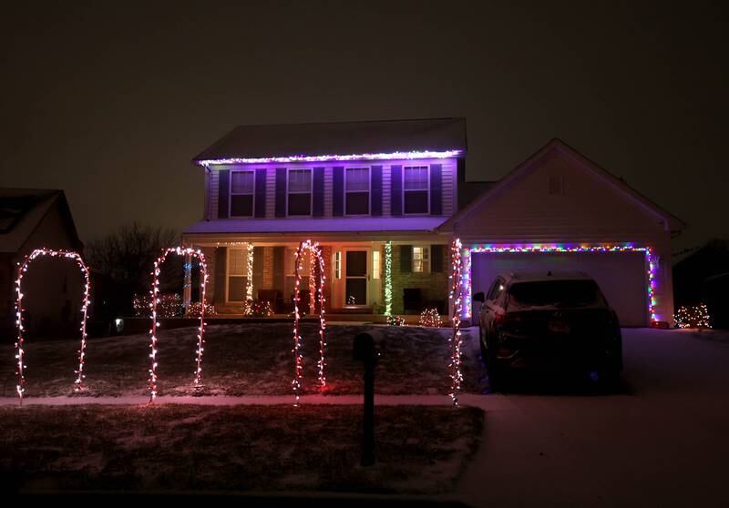 The house at 477 Yorkshire Drive Thursday, Dec. 19, 2024, in DeKalb. This home is one of the entries in this year’s DeKalb Park District Holiday House Decorating Contest.