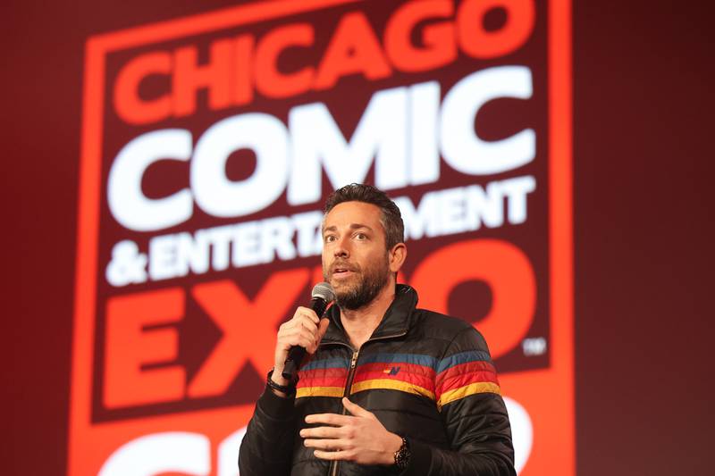 Actor Zackary Levi, from the show Chuck and the Shazam movie, speaks at C2E2 Chicago Comic & Entertainment Expo to open the three day expo on Friday, March 31, 2023 at McCormick Place in Chicago.