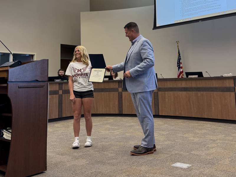 3-time IESA champion Aniston Caputo (left) with Morris Mayor Chris Brown as the City of Morris recognized her for her accomplishments on Monday, Aug. 4, 2025.