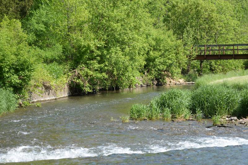 Footbridges allow hikers to cross over Pine Creek inside White Pines State Park.