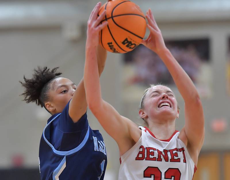 Benet’s Bridget Rifenburg (right) has her shot blocked by Nazareth’s Mia Gage during a game on January 28, 2026 at Benet Academy in Lisle.
