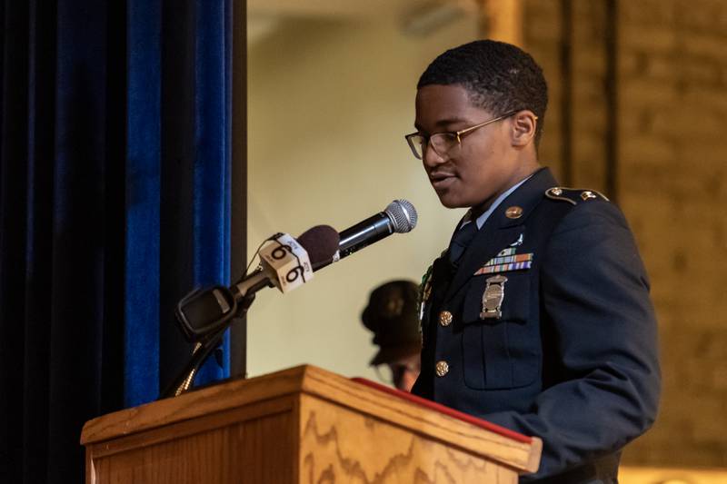 Jiovani Collins delivers a student reading during the Veterans Day Assembly at Joliet Central High School on Nov. 7, 2025.