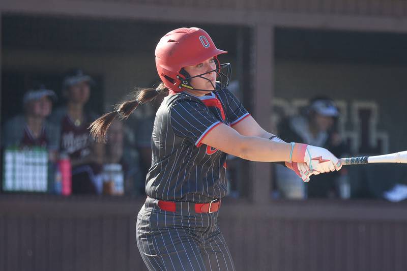 Ottawa’s Aubrey Sullivan singles against Morris on Wednesday, April 8, 2026 in Morris.