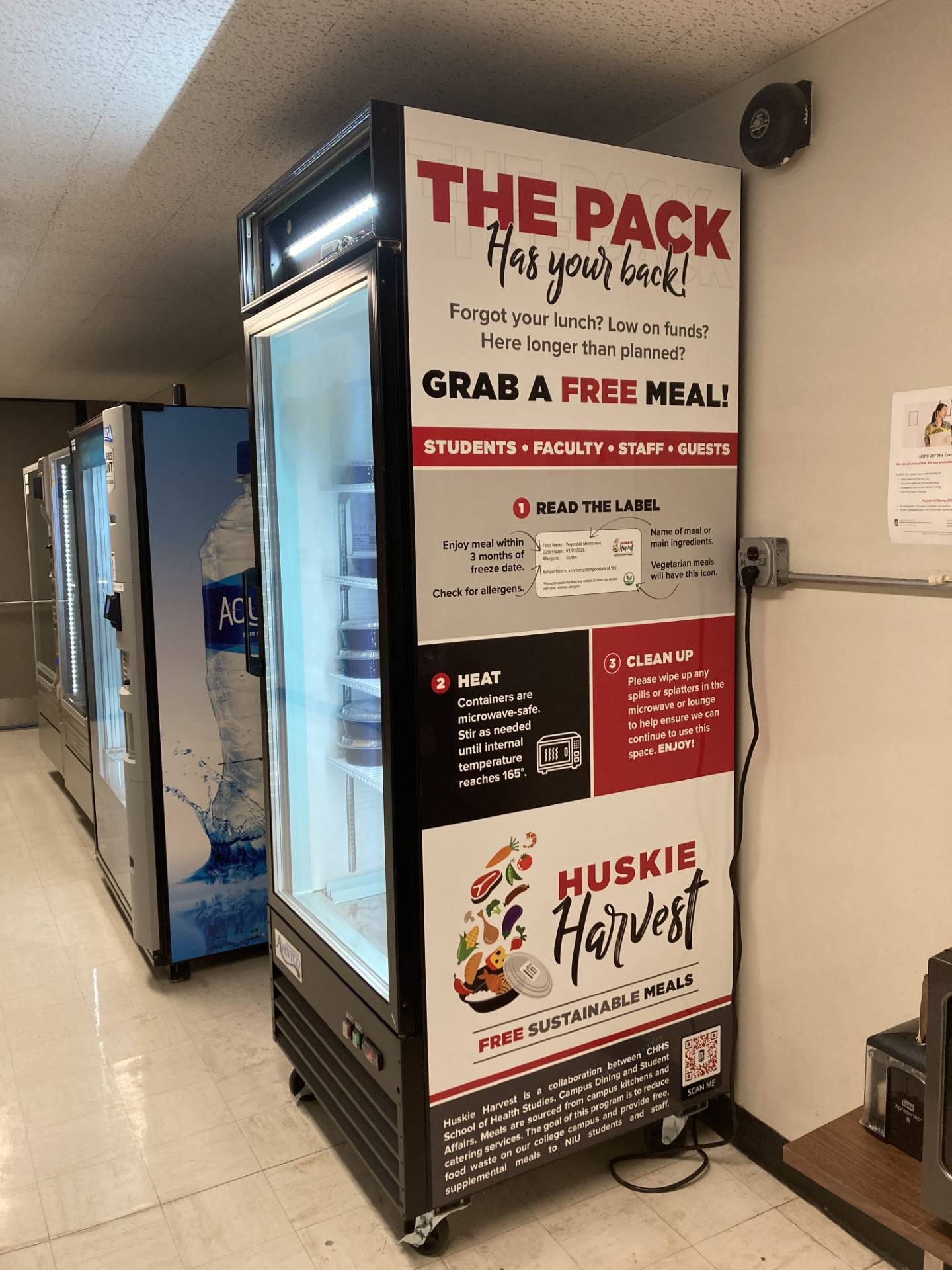 A freezer in Wirtz Hall on Northern Illinois University's campus in DeKalb offers free meals through the Huskie Harvest program, which reduces food waste and addresses food insecurity on campus.