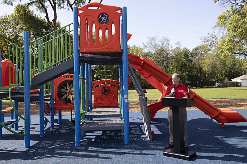 Dixon Park District director Duane Long introduces the newest playground equipment in the district Thursday, Oct. 5, 2023. The equipment is located at Vaile Park.