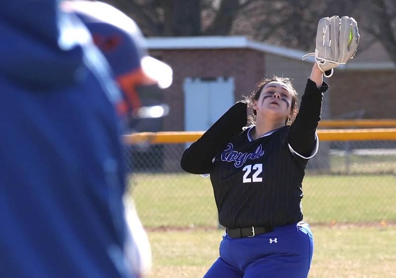 Hinckley-Big Rock's Isabella Harding makes a catch in the outfield Monday, March 23, 2026, during their game against Genoa-Kingston at Hinckley-Big Rock High School.