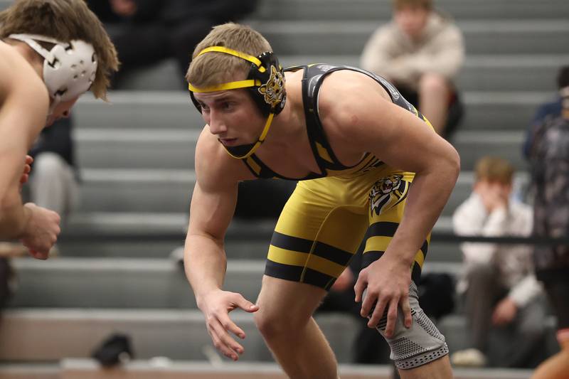 Joliet West’s Coehn Weber faces off with Yorkville’s Donovan Rosaver in the SouthWest Prairie Conference 150 pound championship on Saturday, Jan. 24, 2026 in Minooka.