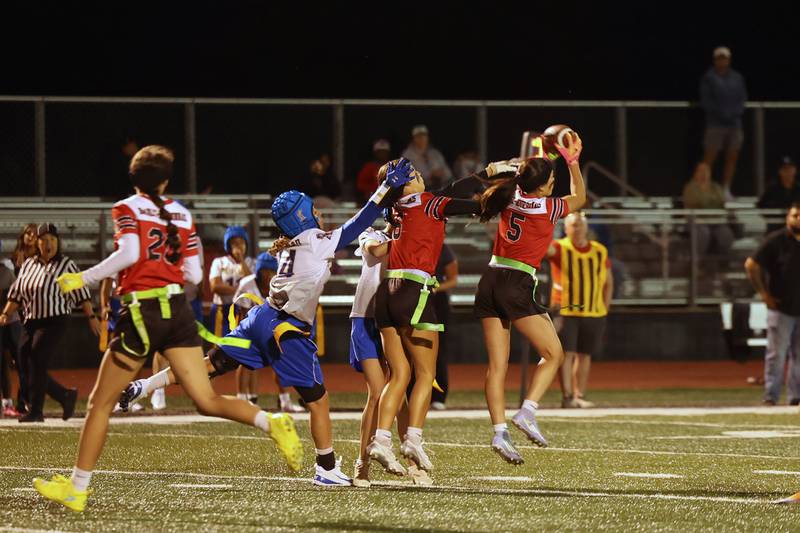 Bradley-Bourbonnais' Avery Moutrey (5) intercepts the ball for a pick six during the Boilermakers' 60-7 victory over Joliet Central in the season opener on Aug. 25, 2025.