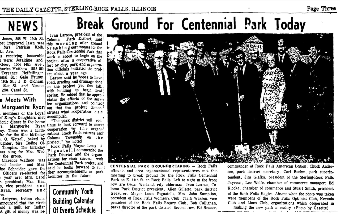 The Sept. 13, 1968 Sterling Daily Gazette featured information about the groundbreaking of Centennial Park in Rock Falls. The park is owned by the Coloma Township Park District, which turned 100 this year.