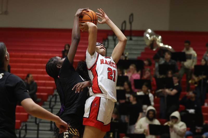 Bolingbrook’s Skylar Wakefield draws the foul taking a shot against Joliet West on Thursday, Jan 23, 2025 in Bolingbrook.