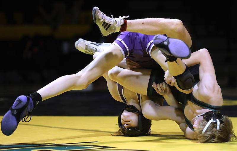 Crystal Lake South’s CJ Talbert pins Hampshire’s Luthor Rajcevich during the 106-pound match of a Fox Valley Conference wrestling meet on Thursday, Jan. 15, 2026, at Crystal Lake South High School.