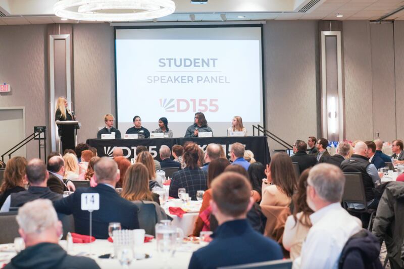 District 155 students speak on a panel about their micro internship experiences at the 3rd Annual Industry Partner Breakfast Jan. 17, 2024 at the Holiday Inn in Crystal Lake.