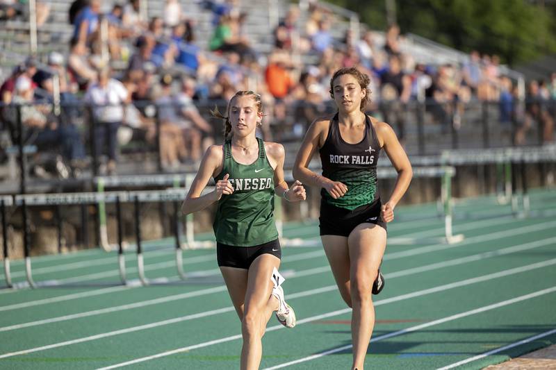 Brooklyn Smith of Geneseo leads Rock Falls’ Ariel Hernandez in the 3200 Wednesday, May 14, 2025, during Sectionals at Rock Falls High School. Both qualified for state.