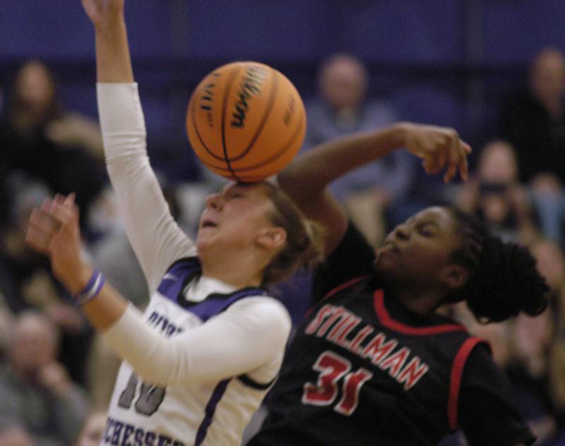 Action under the basket in the first half. The Dixon Duchesses played  the Stillman Valley Cardinals in the third place game of the Dixon Holiday Tournament at Dixon High School on Monday, December 29th, 2025.
