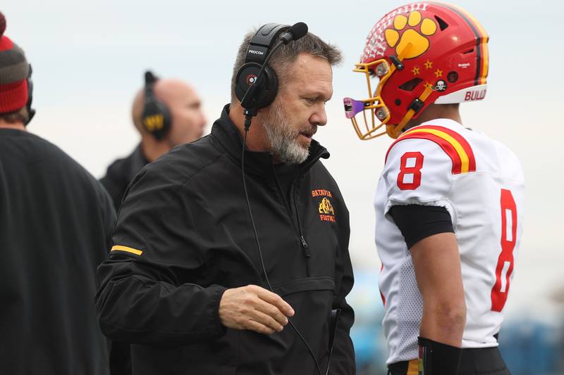 Batavia head coach Dennis Piron walks the sideline during the game against Lincoln-Way West on Saturday, Nov. 9, 2024 in New Lenox.