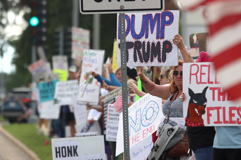 Crowds gathered for the “Good Trouble Lives On” protest along Route 14 in Crystal Lake on Thursday, July 17, 2025.