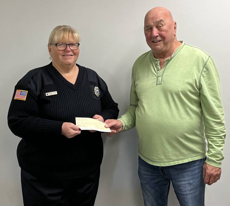 The Catholic War Veterans of LaSalle has donated $1,000.00  to Oglesby Ambulance Association. Our association supports our ambulance service with needs for equipment and other needs. Cathie Edens (left), director of Oglesby Ambulance, accepted the check from Donald Wlodarchak.