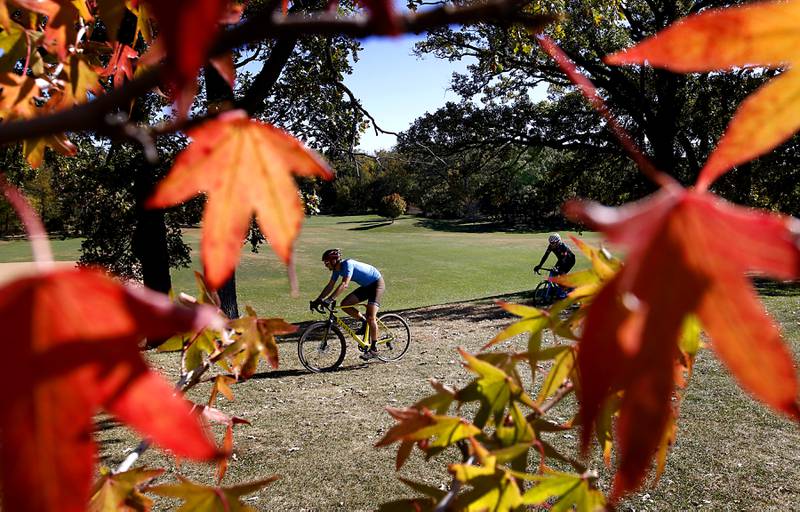 Cyclecross rides make their way through the autumn colors on Thursday, Oct. 17, 2024, as they Ride around Veterans Acres Park in Crystal Lake.