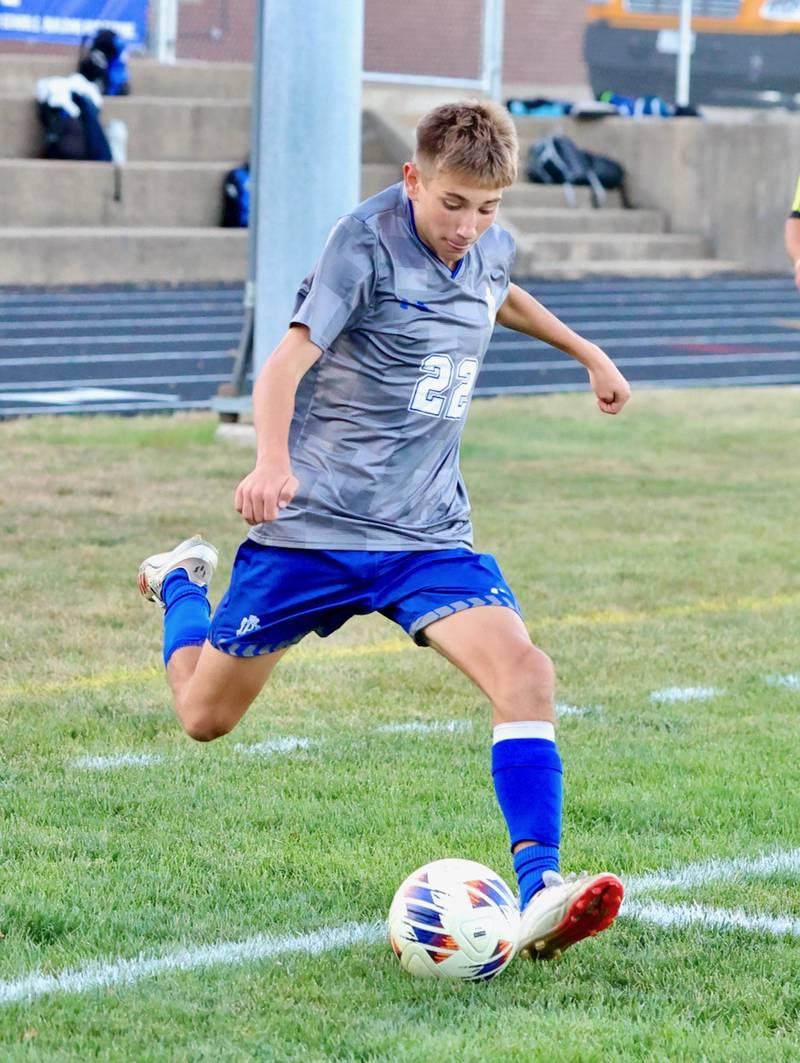 Princeton's Tyler VanDeventer takes a kick in Tuesday's match vs. Stillman Valley at Bryant Field. The Tigers won 4-0.