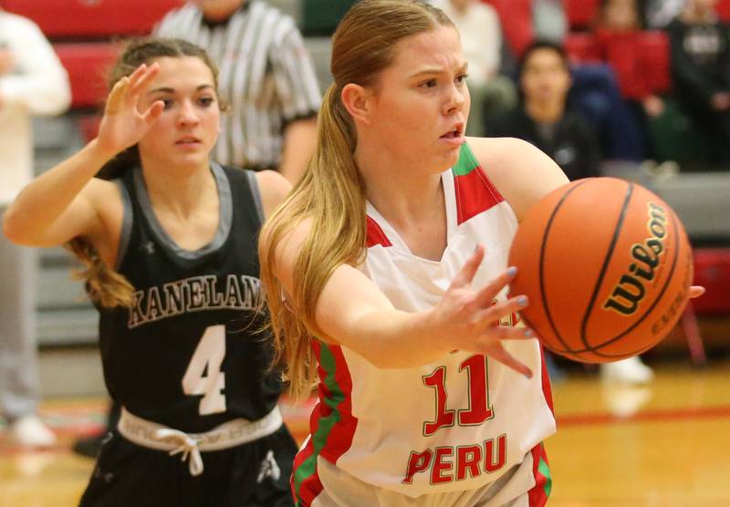 L-P's Elizabeth Sines passes the ball away from Kaneland's Madison Schrader on Friday, Dec. 8, 2023 in Sellett Gymnasium at L-P High School.