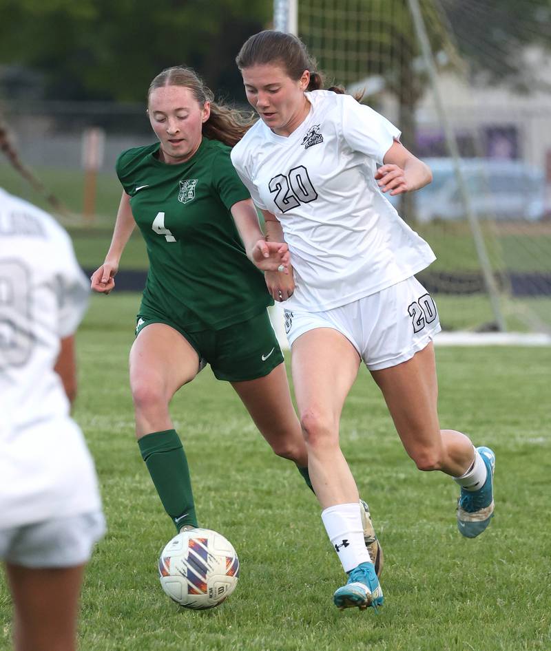 Kaneland's Erin Doucette (right) and Boylan's Zoey Schmidt try to win possession Wednesday, May 28, 2025, during their Class 2A sectional semifinal game at Belvidere High School.