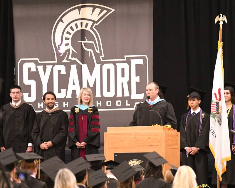 Sycamore High School’s principal Brian Swanson speaks during the graduation ceremony on Sunday May 24, 2026, held at Sycamore High School.