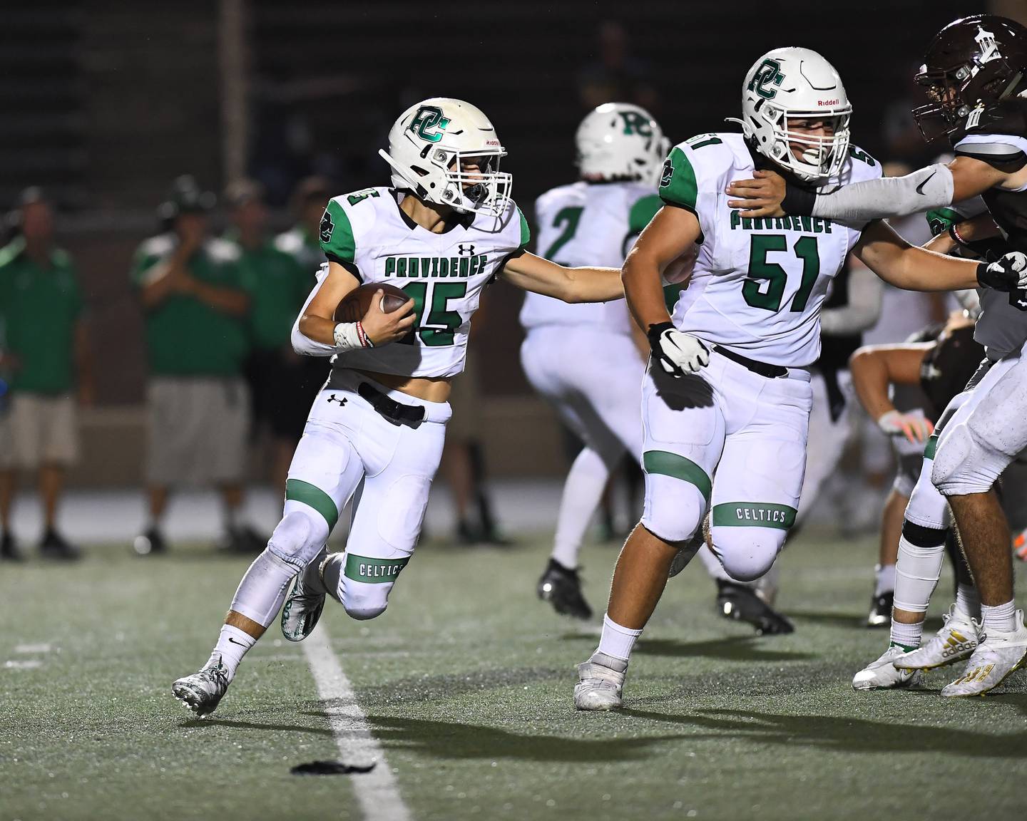 Providence Catholic's Ethan Litynski in action on Friday, Sep.  17, 2021, at Joliet Memorial Stadium in Joilet, IL.