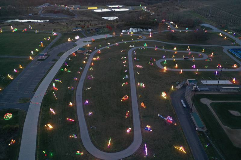 An aerial view of the Celebration of Lights display on Monday, Nov. 10, 2025 at Rotary Park in La Salle.