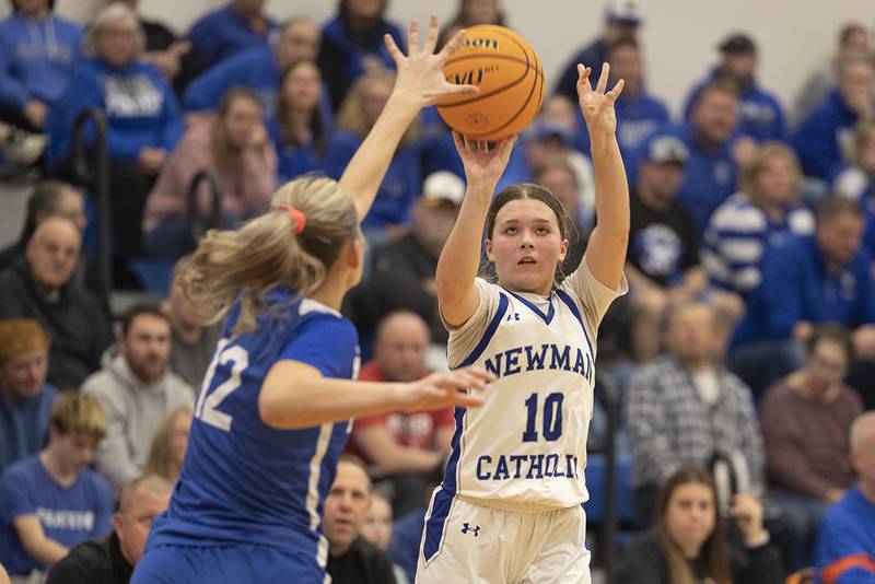 Newman’s Elaina Allen puts up a three pointer against Galena Tuesday, Feb. 24, 2026, in the Class 1A sectional at Eastland High School.