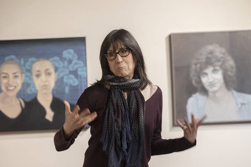 Artist Deborah Di Vita Glascott speaks about her works Monday, March 18, 2023, during the closing of her show at Sauk Valley College. Glascott worked with SVCC art department head Glenn Bodish and with the Water Street Studio Collective of Batavia.